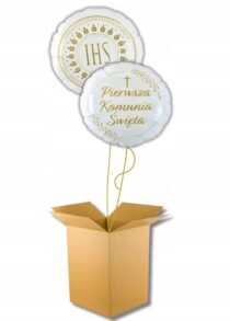 Balon KOMUNIA ŚWIĘTA NAPEŁNIONY HELEM W PUDLE ZESTAW 2 SZTUK