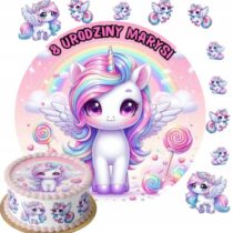 OPŁATEK NA TORT JEDNOROŻEC UNICORN 20 CM GRUBY 0,6 mm+POSTACIE+NAPIS GRATIS