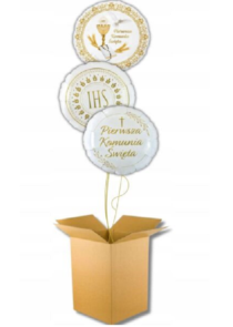 Balon KOMUNIA ŚWIĘTA NAPEŁNIONY HELEM W PUDLE ZESTAW 3 SZTUK